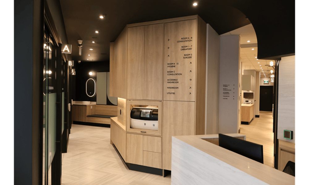 Reception area and clinical hallway at Smilehaus Newmarket dental clinic